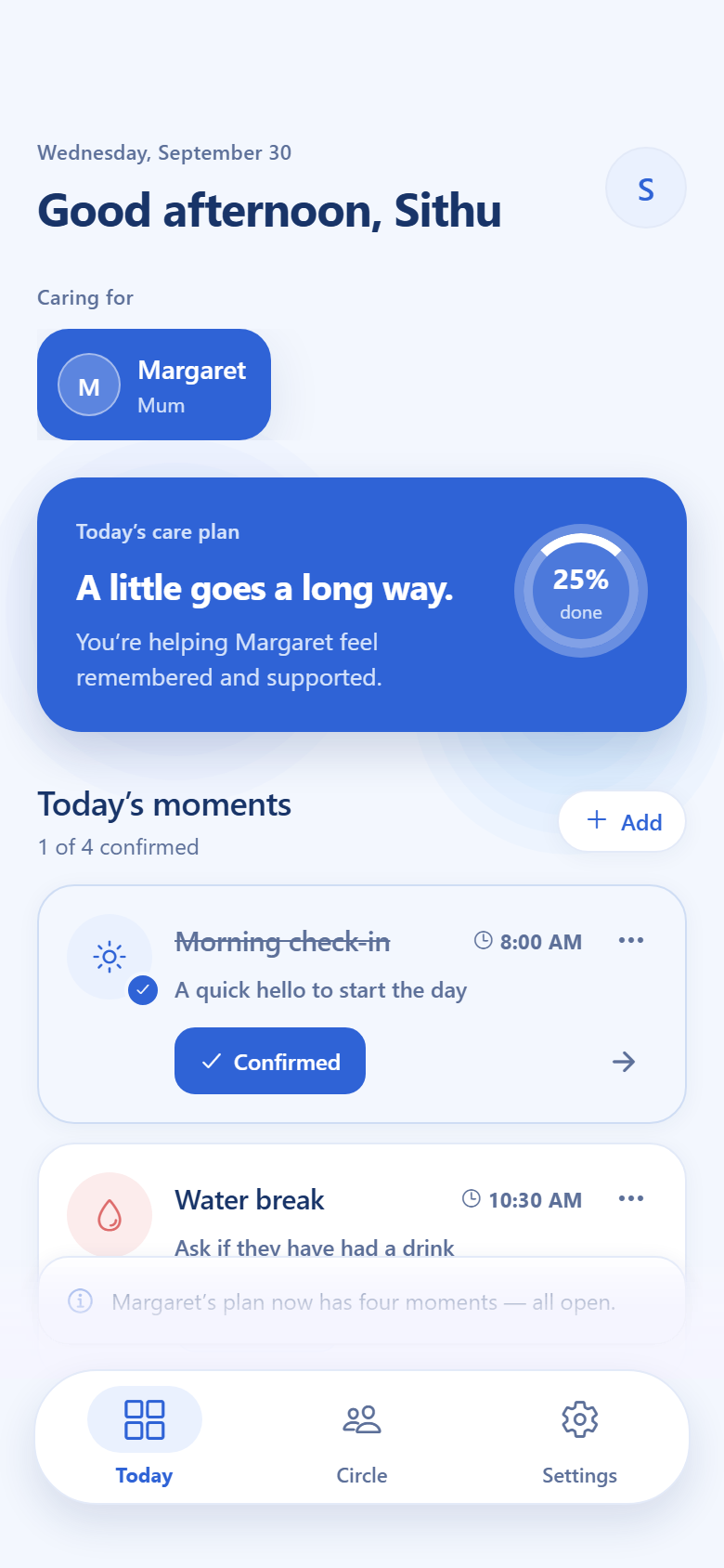 The Collos app on a phone: Margaret&rsquo;s plan for today, with one of four moments confirmed.